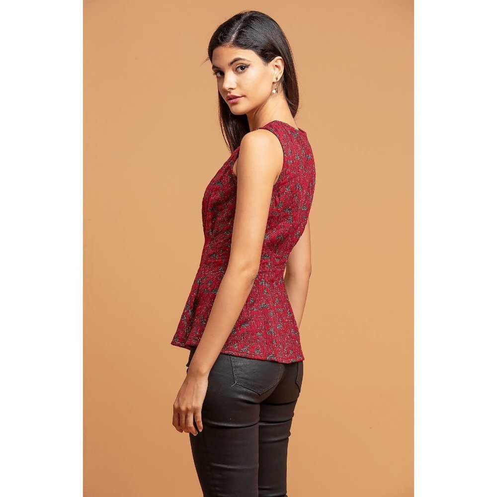 Anthropologie Eva Franco Metallic Sleeveless Peplum Top Tank Burgundy - Picture 4 of 5